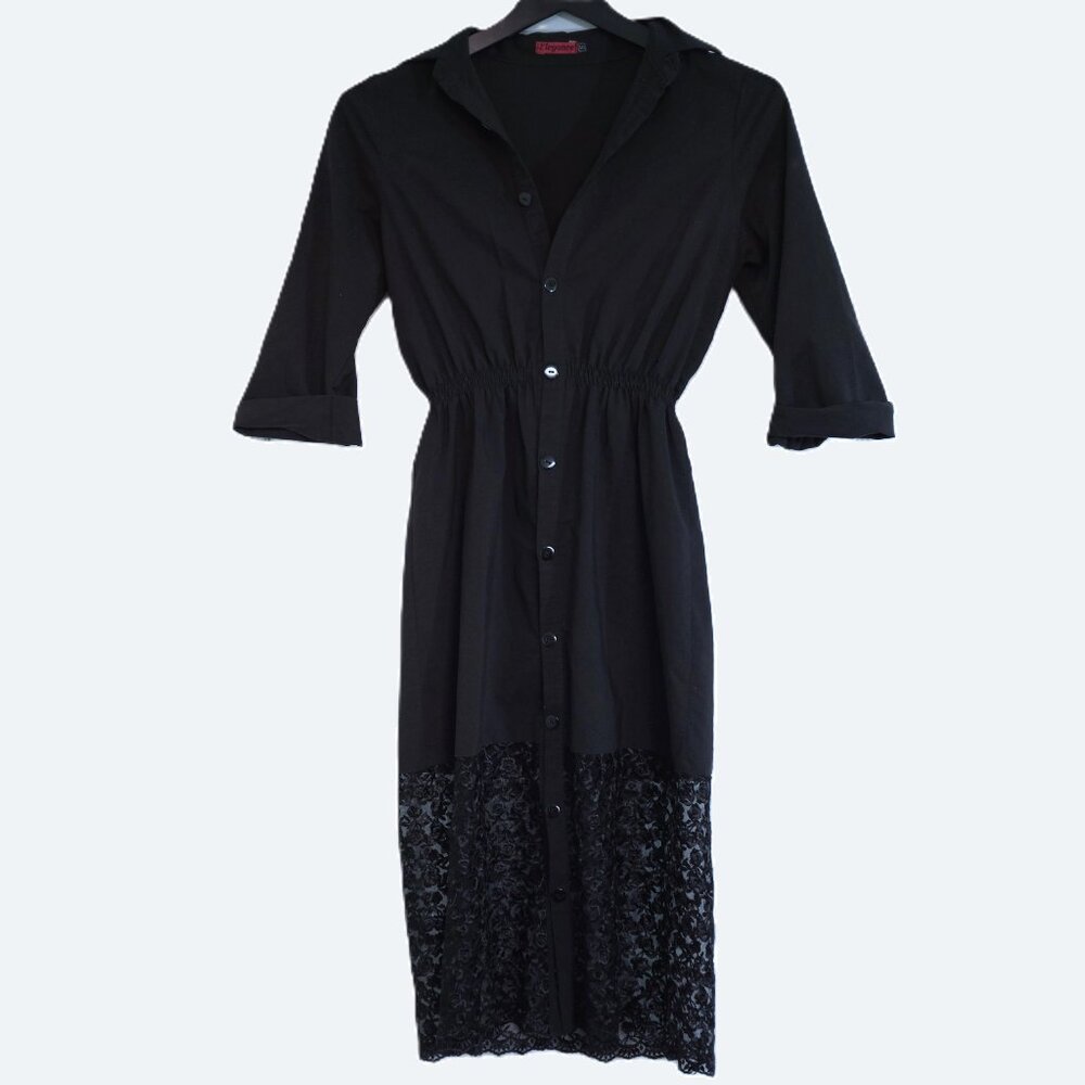 COPY - COPY - Elegance black shirt dress lacey patchwork rolled sleeves size S